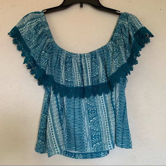 Roxy Teal Blue Aztec Off the Shoulder Top - Picture 3 of 5